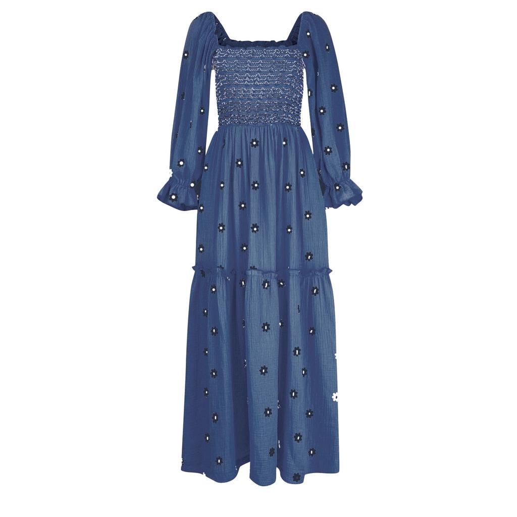 Damen Freizeitkleid Quadratischer Ausschnitt Trompetenärmel Langer Rock Lässige und Sommer Maxikleider Für Damen