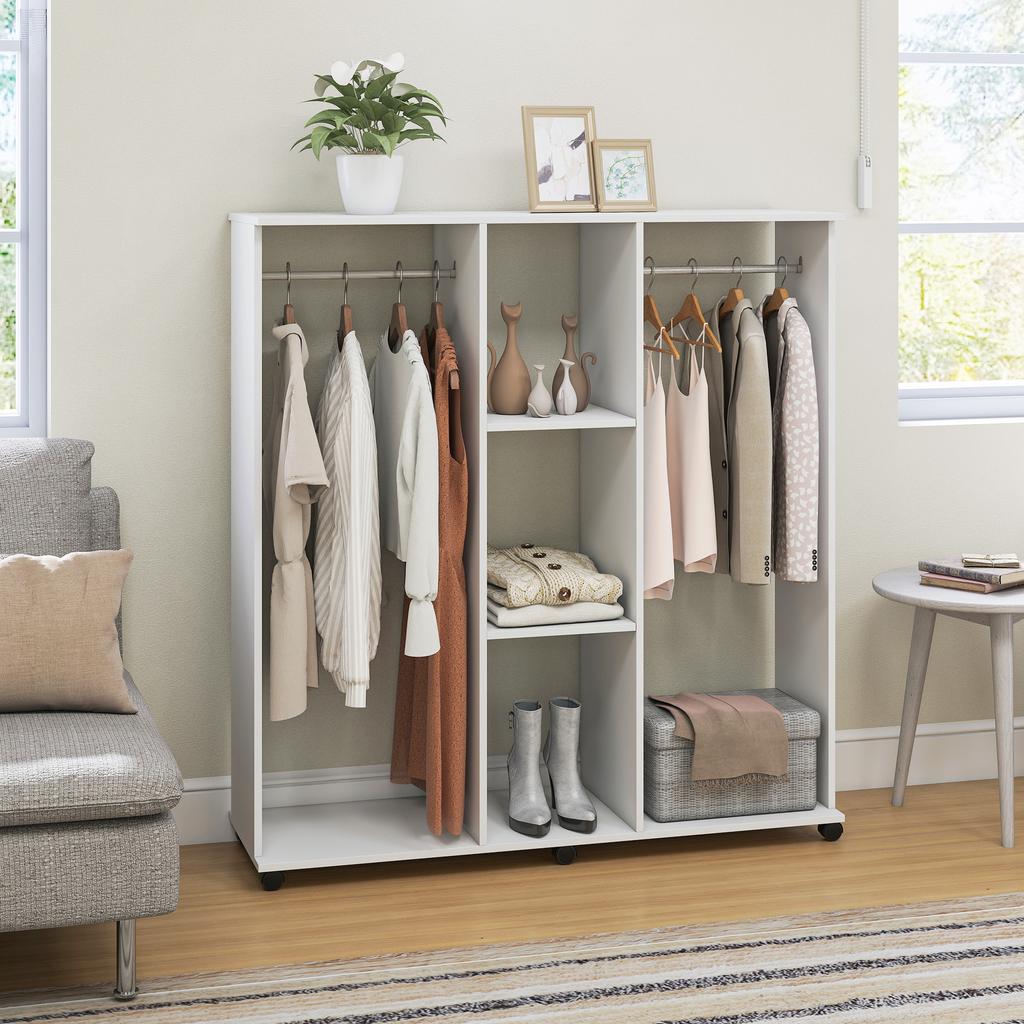 Wardrobe Closet Mobile Storage Furniture 6 Wheels 120 X 40 X 128 Cm In White Wood