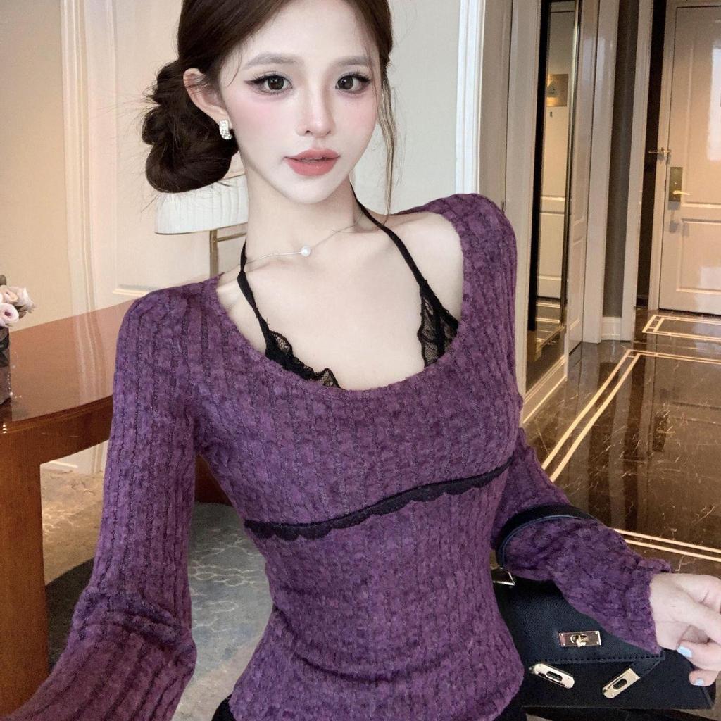 Czysty i Seksowny Fioletowy Halterneck Dwuczęściowy Iluzjonistyczny Długi Rękaw Dopasowany Damski Krótki Top