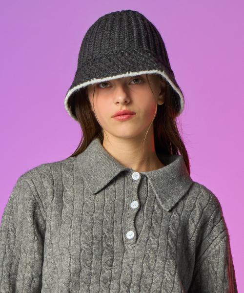 KOLEAT Grobstrick Unifarben Colorblock Winter Fischerhut [Grau]
