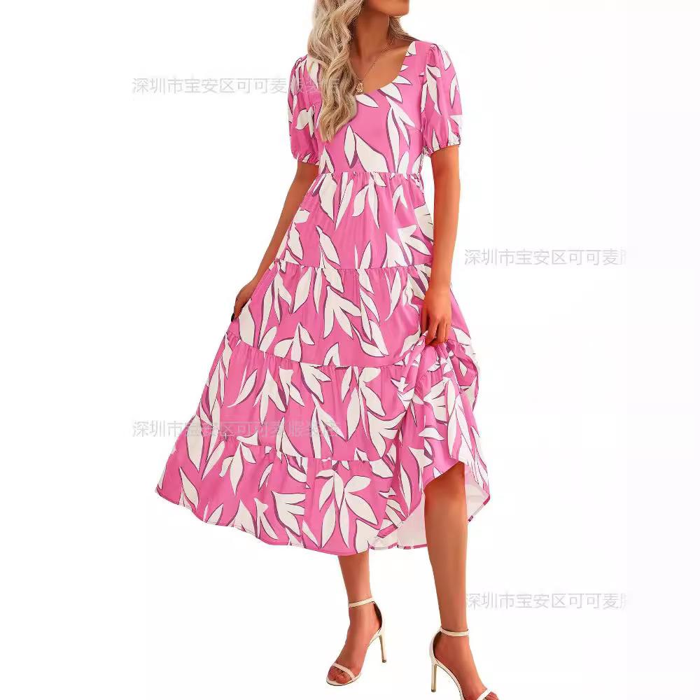 2 New bubble sleeve pleated backless printed high waist short sleeve dress women