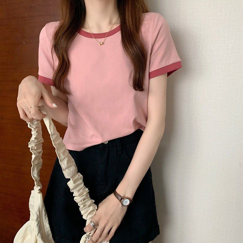 Clash of Colours Round Neck Short Sleeve T-shirt Women's Summer Bottoming Shirt Slim Tops