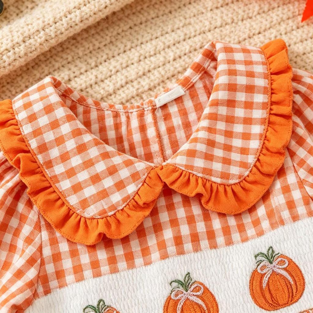 Girls' Pumpkin Embroidery Plaid Suit - Doll Collar Top & Flare Pants Two-Piece Set for Autumn/Halloween 2026