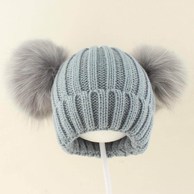 Kids Warm Knitted Beanie Hat With Double Pom Poms Striped Roll Edge Unisex Winter Cap Toddlers Children