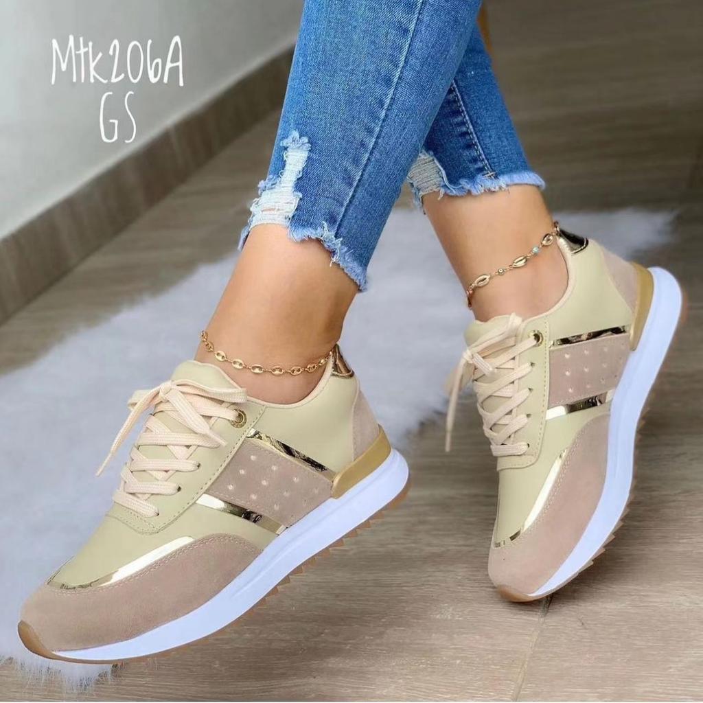 Foreign Trade Sports Shoes Women's Autumn New European and American Large-size Thick-soled Color Matching European and American Casual Low-top Sports