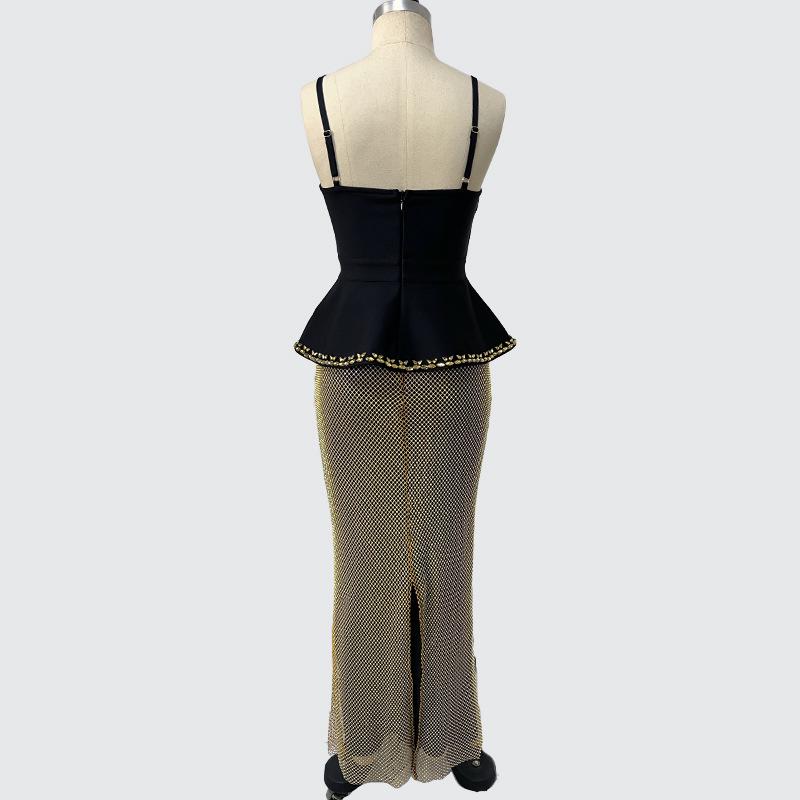 Multicolor Rhinestone Bandage V-Neck Spaghetti Strap High-Waist Evening Gown Set