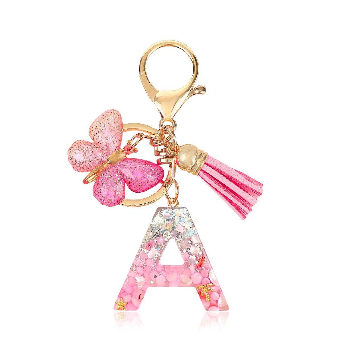 Stylish Pink Epoxy Letter Keychain Sequined Butterfly Tassel Pendant Accessories Bag Pendant