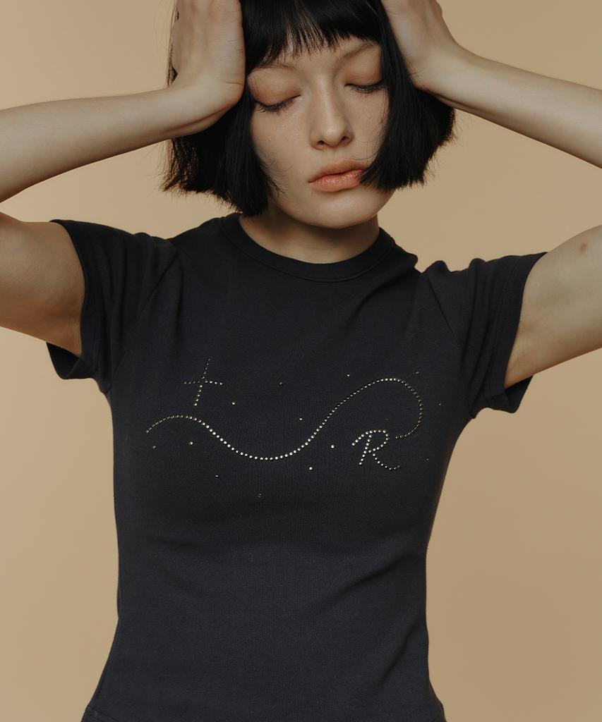 Lomaentinueo Signature R Wave Crop Cotton T-Shirt (Navy)