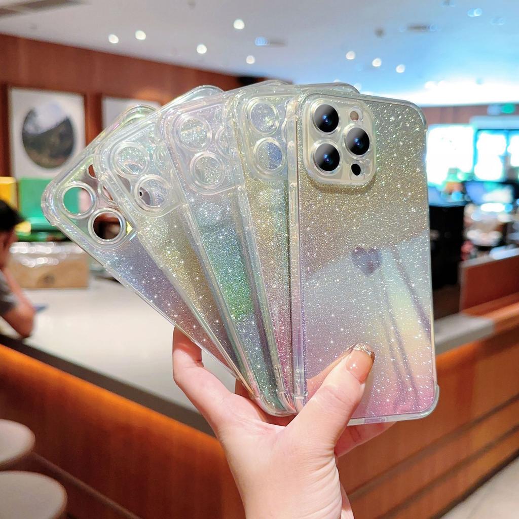 Color Plating Gradual Change Blue Light Suitable for iPhone17 Mobile Phone Case Love Glitter Transparent TPU Apple 15/16 Protective Case