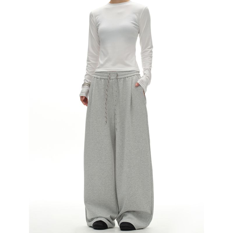 Kisko American Retro Solid Color Drawstring Heavyweight Drape Sweatpants Unisex Simple Loose Straight-Leg Long Pants