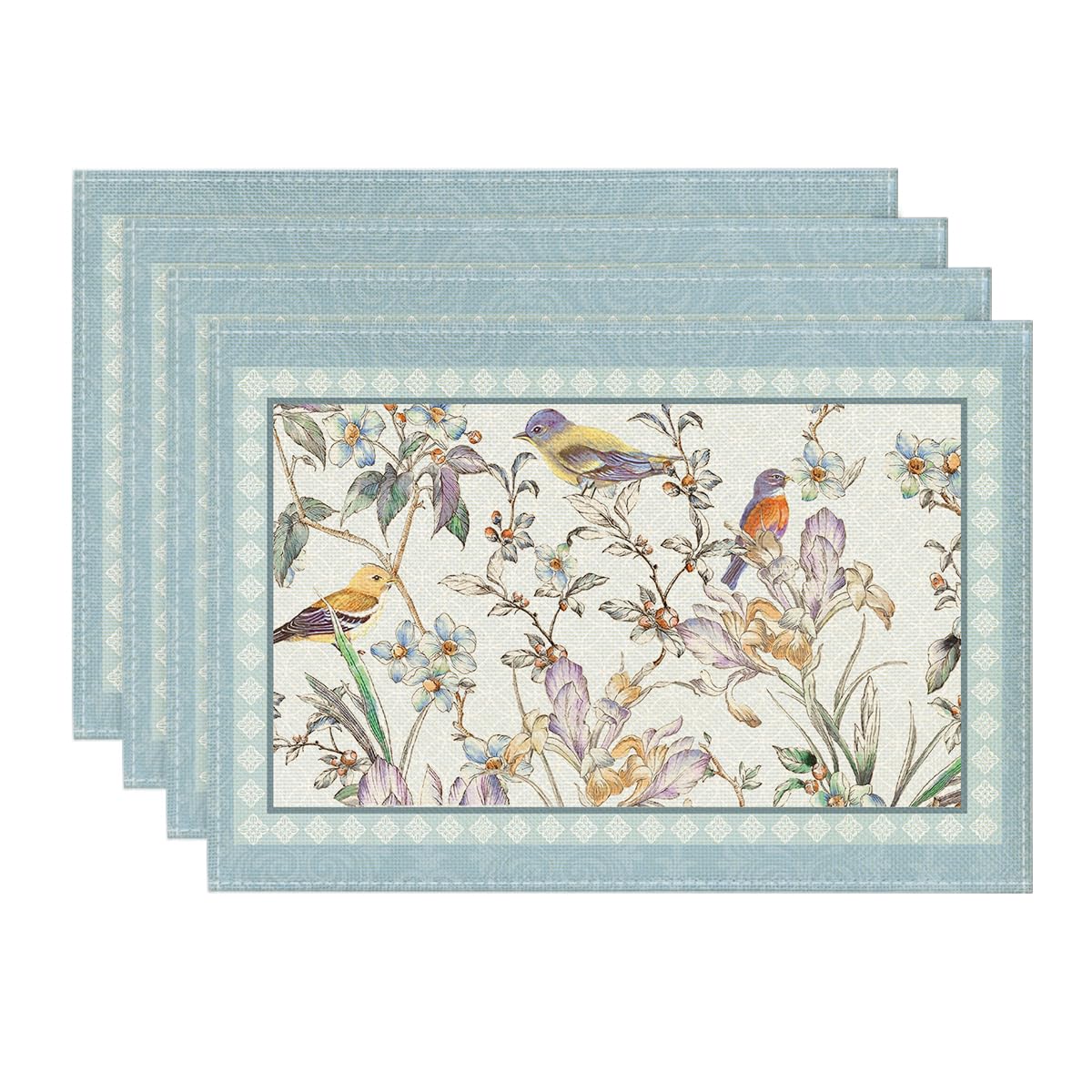 

Blue Birds Flowers Blossom Placemats Set of 4, 12x18 Inch Table Mats for Table Runner Party Kitchen Dining Decoration 12 x 18 , Rectangular 4 Pcs