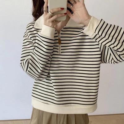 Damen Petites Gestreifte Kapuzenjacke mit Revers, Aprikot, Herbst 2024 Langarm Pullover