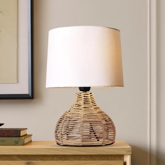 36 cm Elegant Design Tall Paper Rope Rattan Wicker Look Standard Bedside Table Desk Lamp with Light Beige Fabric Linen Shade