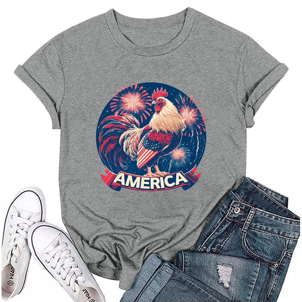 Women's Round Neck Casual Independence Day Printed Short Sleeve T-Shirt Top