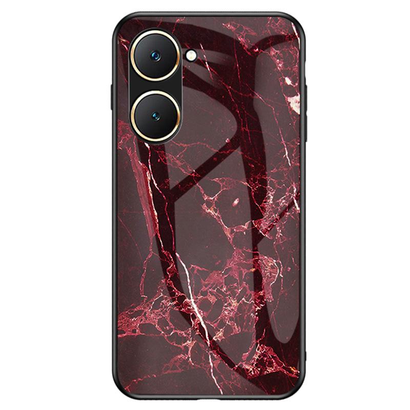 

For vivo Y03 Printed Phone Case Tempered Glass+PC Back Cover with TPU Edges Blood Red Marble