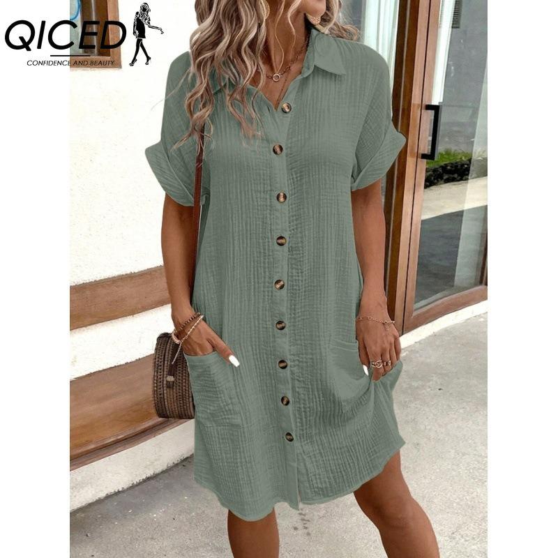 

QICED Женские Модные Летние Весенние Однотонные Платья с Принтом, с Коротким Рукавом и Воротником ПОЛО, Повседневные XXXL зелёный