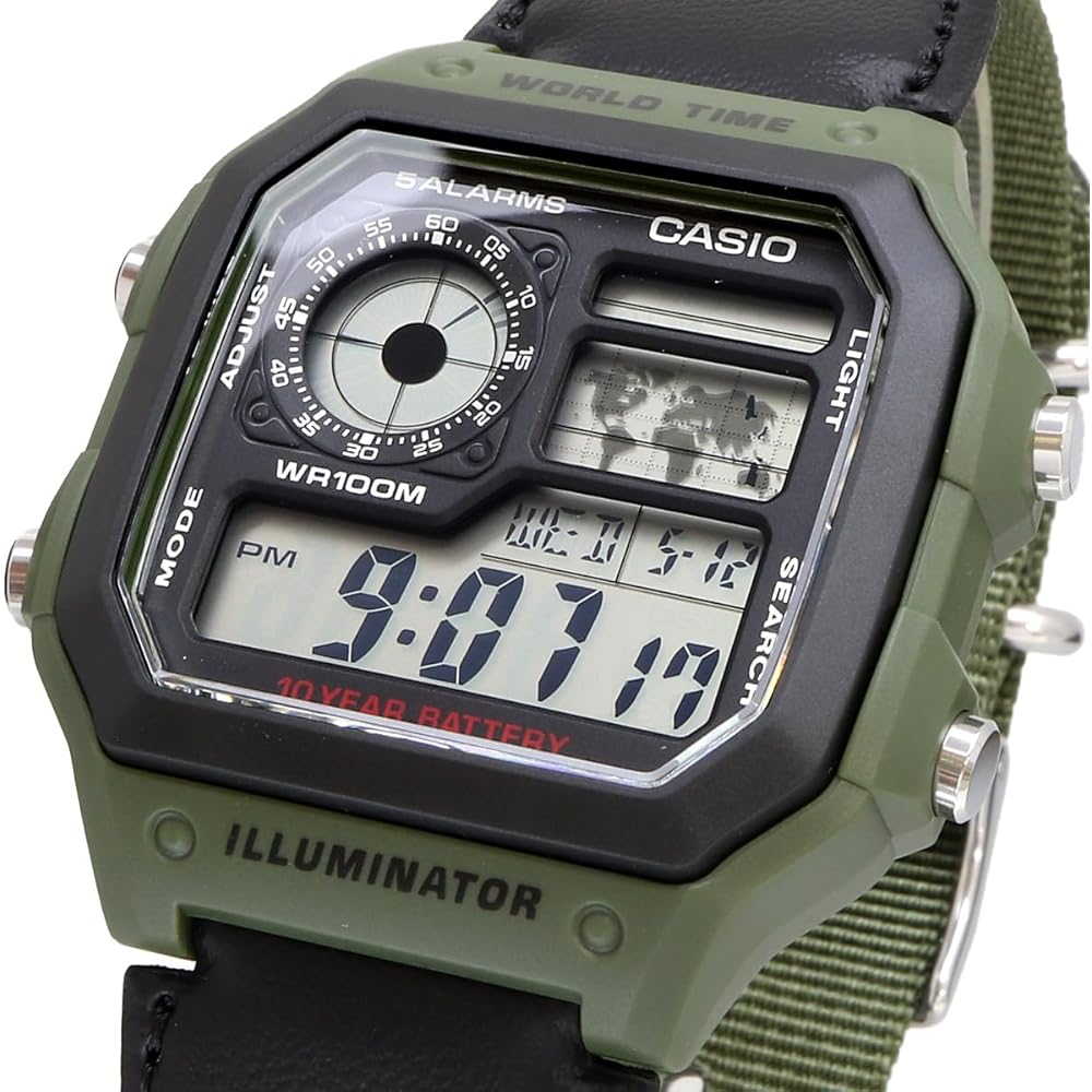 Casio World Time Digital Watch AE-1200WHB-3BV Green Resin Strap Water Resistant 100m