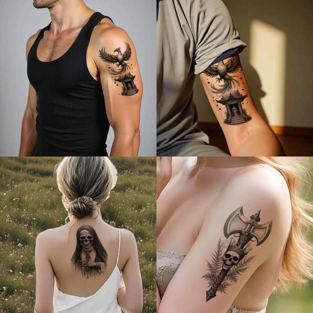3pcs Temporary Tattoo Waterproof Long-lasting Body Stickers Knight With Castle Skull With Nun Axe With Skull For Thighs
