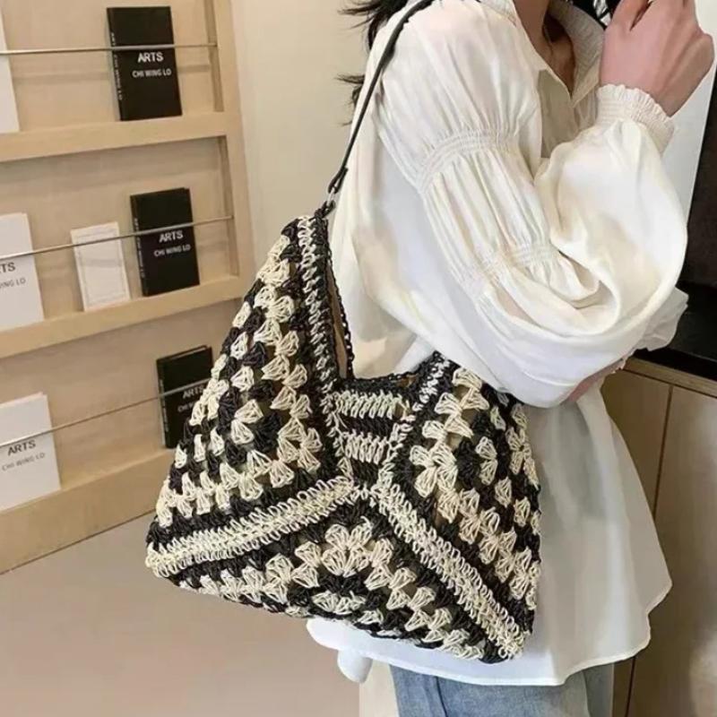 Hollow Out Woven Shoulder Bag Fashi Versatile Bohemian Beach Vacati Handbag Color-blocked Design Women's Underarm Bag