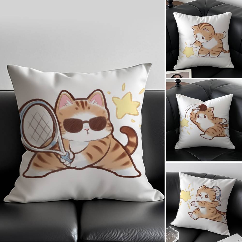 Cute Cat Athlete Childlike Heart Pillow Case Anti-dustmite Pillowcase Invisible Zipper Silky Short Plush Sofa Cushion Cover