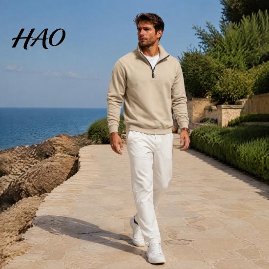 Outdoor Fitness Clothing Mens Quarter Zip Sweatshirt, Stand Collar Athletic Fleece Pullover, Ribbed Hem Cuffs, Casual Streetwear Hoodie Long