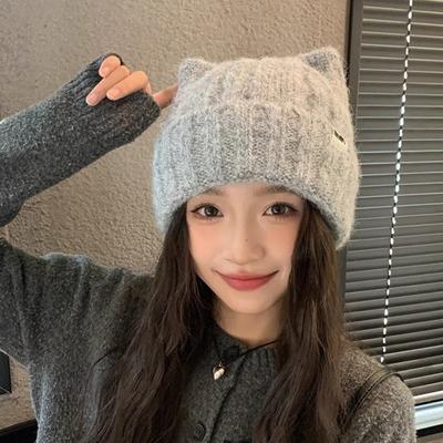 Solid Color Fleece-lined Warmth Knitted Beanies Hip Hop Anti-cold Winter Autumn Hats Outdoor Cat Ear Warm Ear Protection
