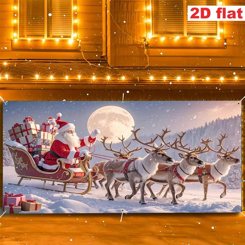 2D Winter Night Santa Sleigh Garage Door Cover, Reindeer & Moon Christmas Decor