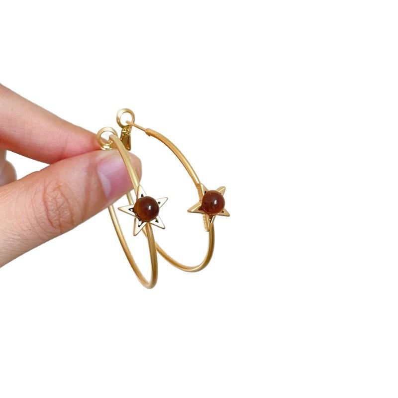 Gold tiger's eye stone large circle earrings women's retro light luxury temperament high-end earrings autumn and winter unique exaggerated earrings