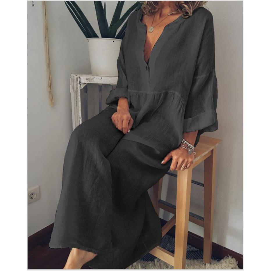 Female Solid Cotton Linen Dresses Holiday Stylish V Neck Long Dress Women Autumn Sundress