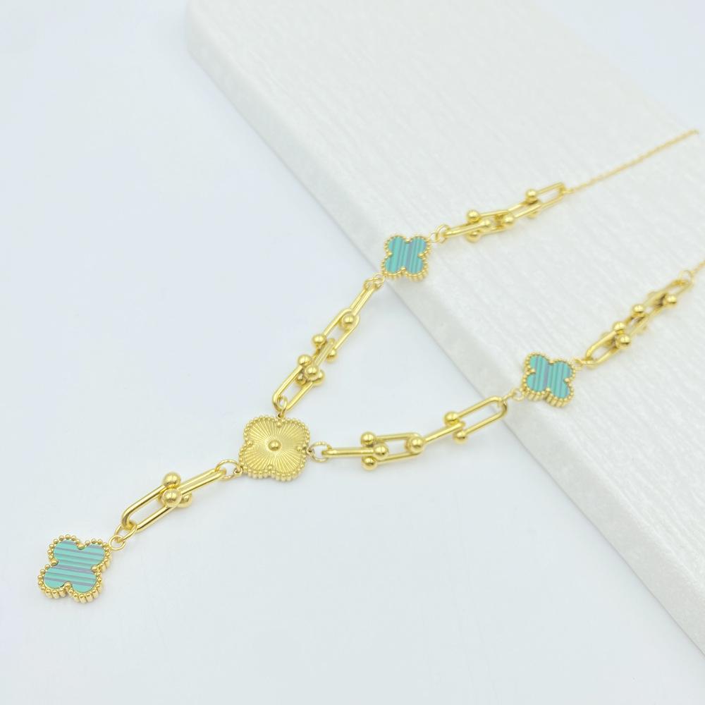 Fashion 13MM Four Leaf Flower U Shape Necklace Titanium Steel Four Leaf Clover Ladies Necklace