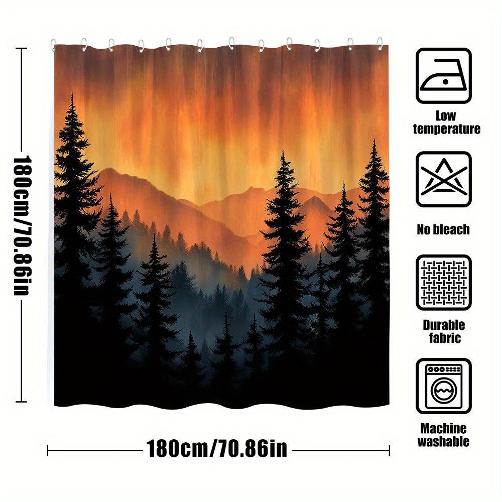 1pc Sunset Forest Shower Curtain - Tranquil Nature Landscape with Evergreen Trees & Misty Mountains, Orange & Yellow Sky Design,