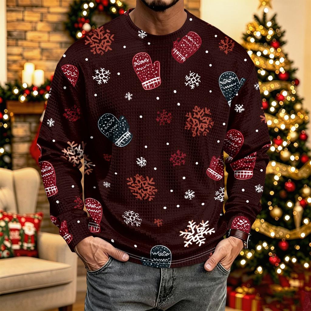 Men's Casual Knit Long Sleeve Neck Shirt with Christmas Print for Holiday Parties