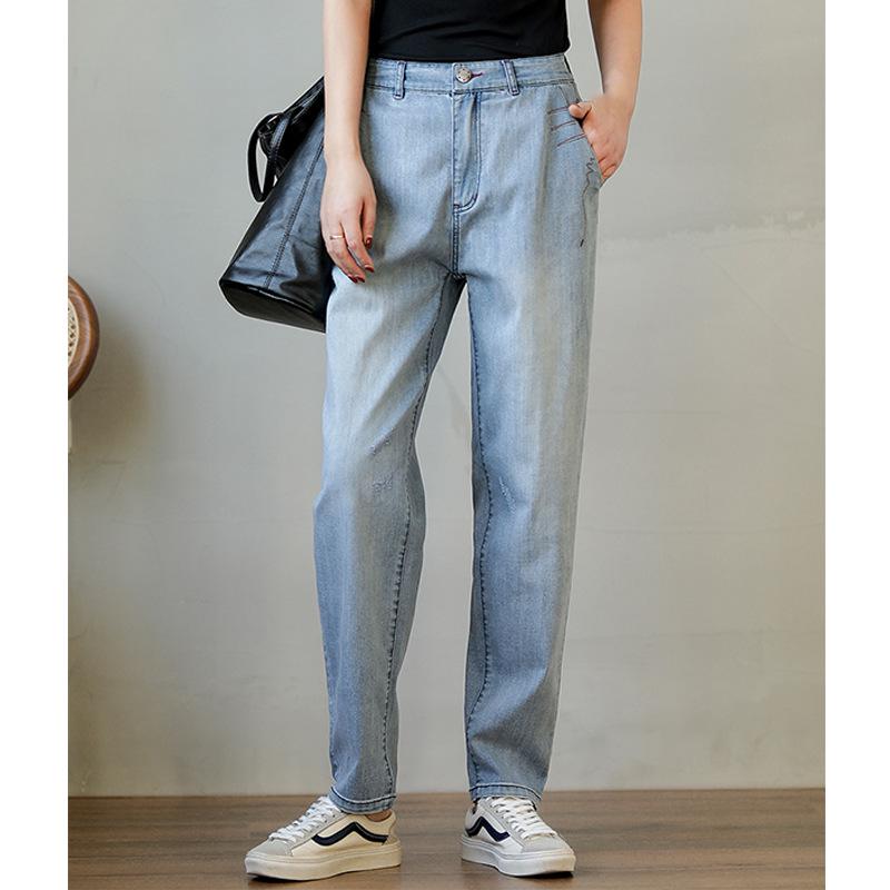 Women s Light Blue Embroidered Harem Jeans - High Waist, Skinny Tapered, Versatile for Spring & Summer Small