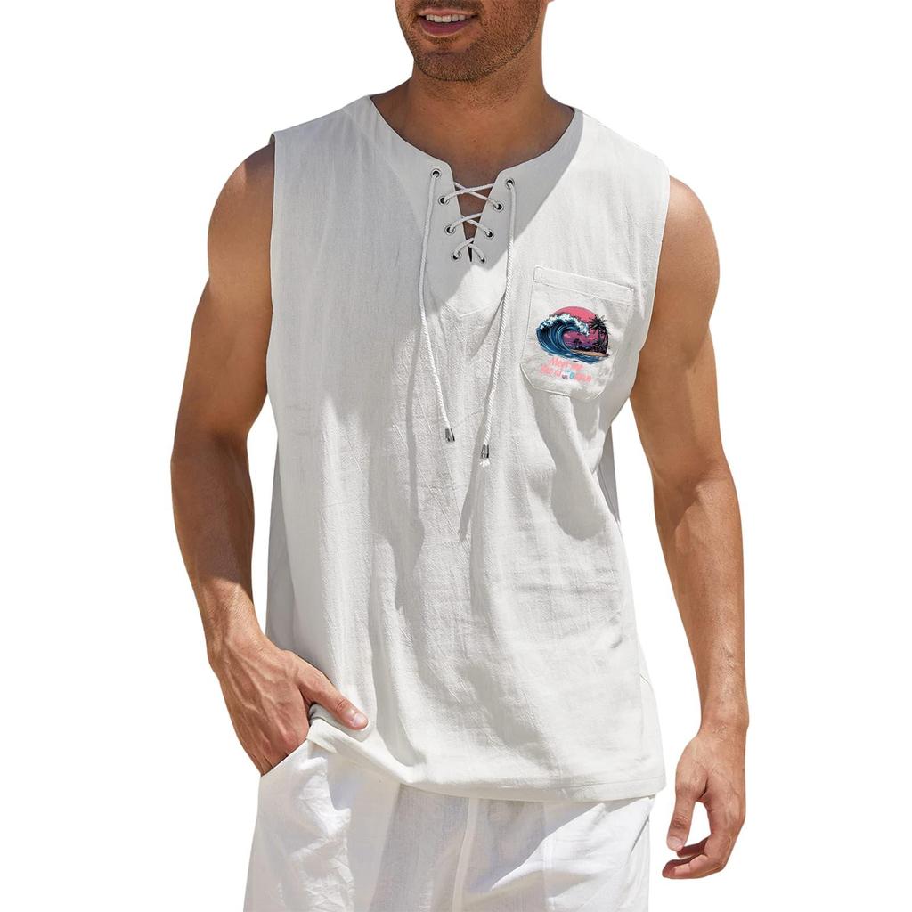 Men's Hawaiian Print Tank Top, Loose Fit Sleeveless Shirt with Adjustable Tie, Casual Beach Summer Top