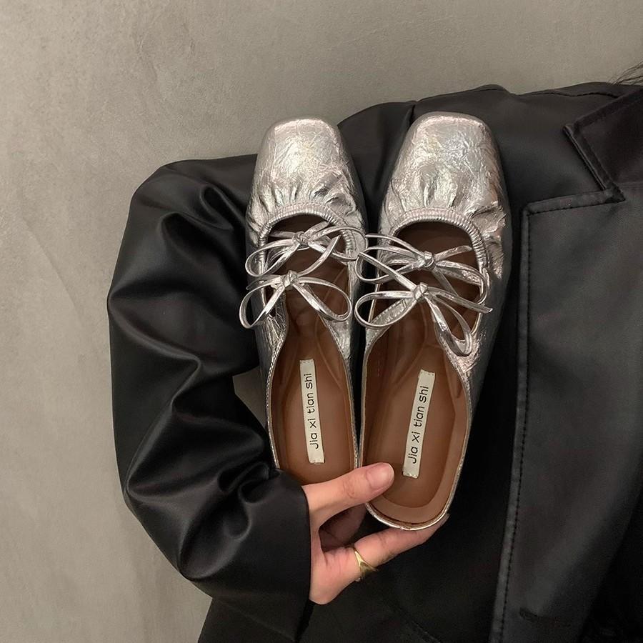 Inner Height-increasing Bow Silver Bag Head Half-drag Women's Shoes Fashionable Outer Wear 2025 New Summer Mary Jane Sandals