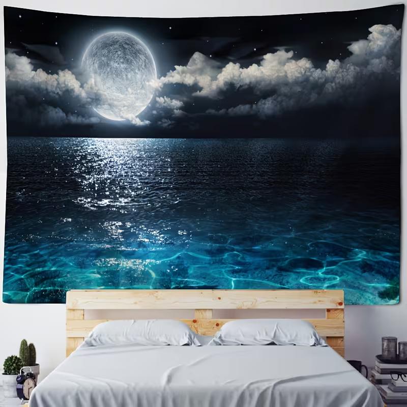 2D Night Sea Moonlight Backdrop Glowing Ocean Party Decoration Background