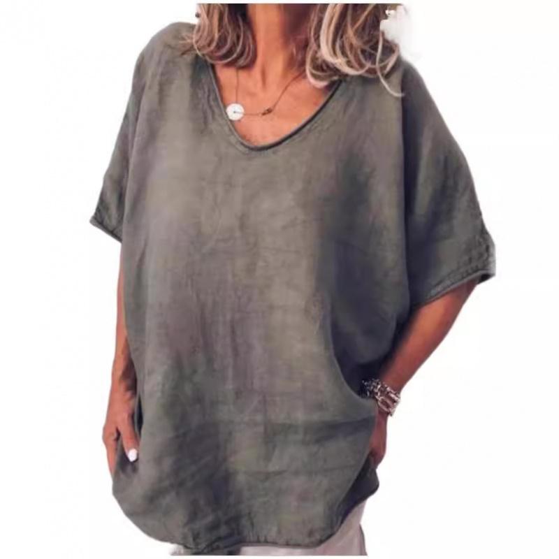 Women'S Fashion Short Sleeve Cotton And Linen Loose Casual Solid Color Top