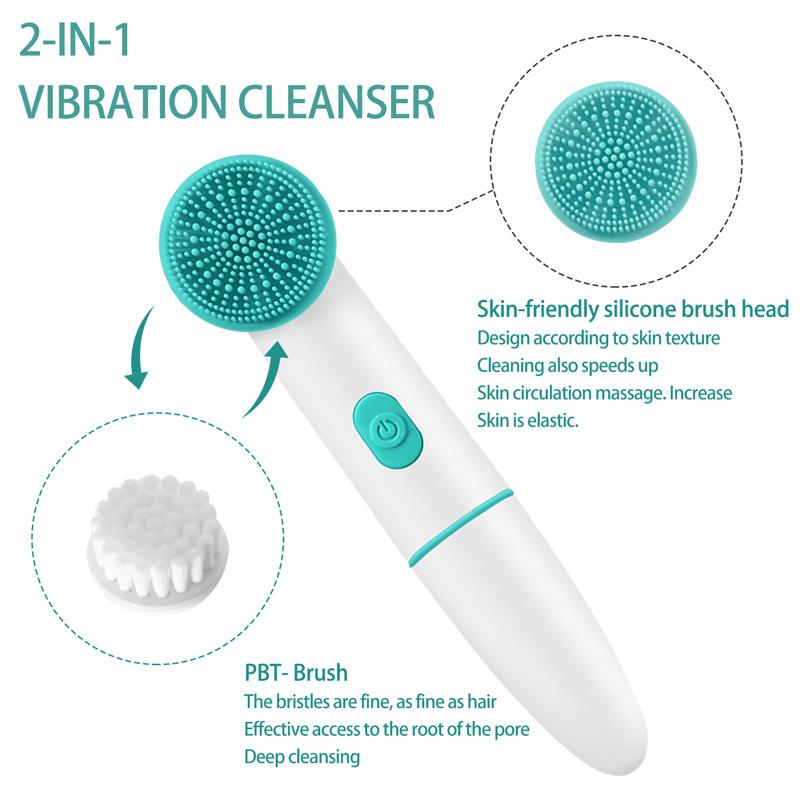2 in 1 Portable Face Massager Cleaning Brush Sonic Electric Silicone Facial Cleansing Brush Silicone Abs Multifunction