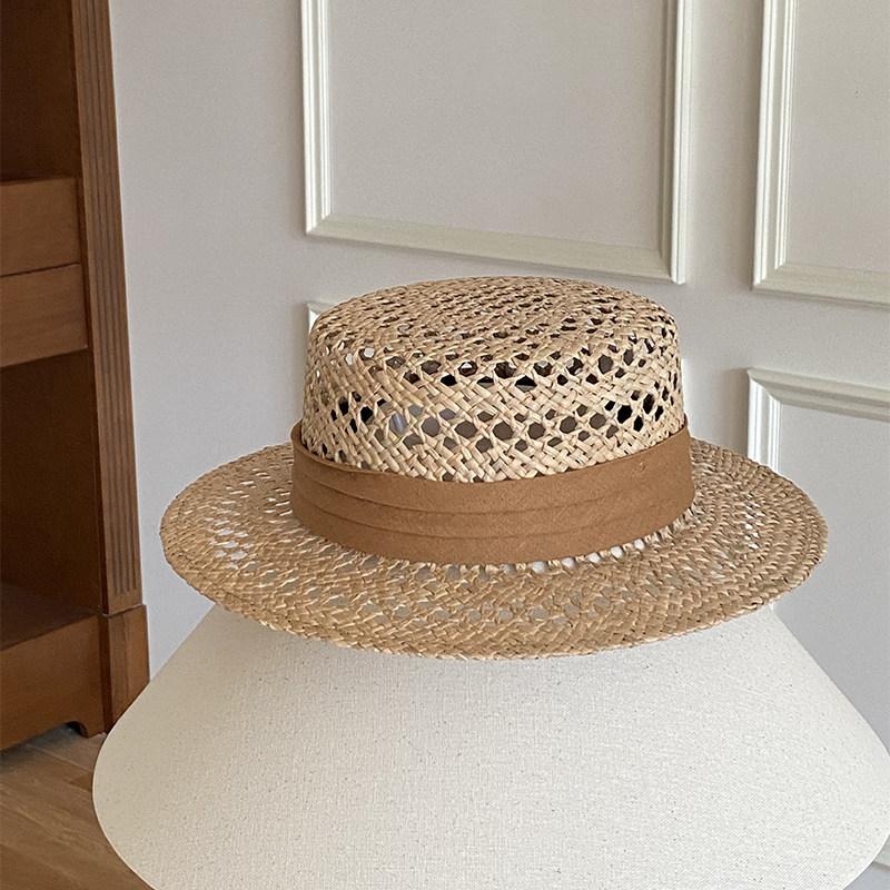 Natural Marillaise Woven Hat Women'S Fashion British Flat Top Top Hat Old Money Wind Seaside Vacation Sunshade Hollow Straw Hat