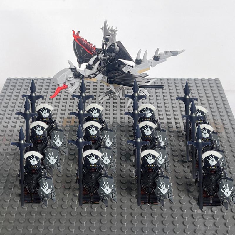 14pcs MOC Medieval Dwarf Warrior Elves Knights LotR Uruk-hai Orc Rohan Soldier with Witch King Leader Figure Building Block Toys