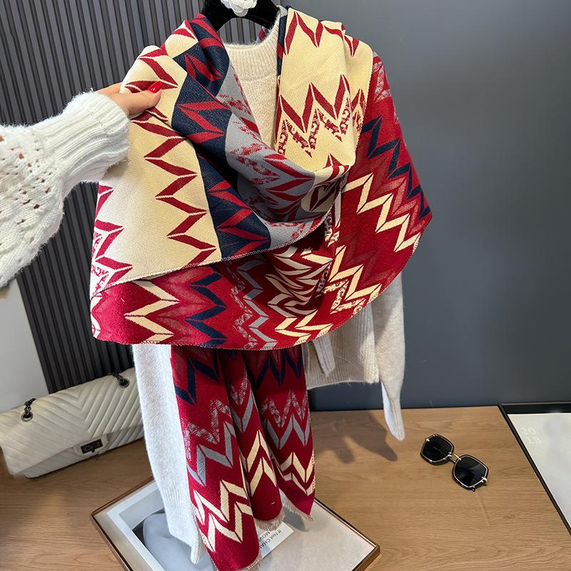 Scarf Women's Winter High-grade Imitation Cashmere Double-sided Geometric Stripes Warm and Cold-proof Large Shawl Versatile Scarf