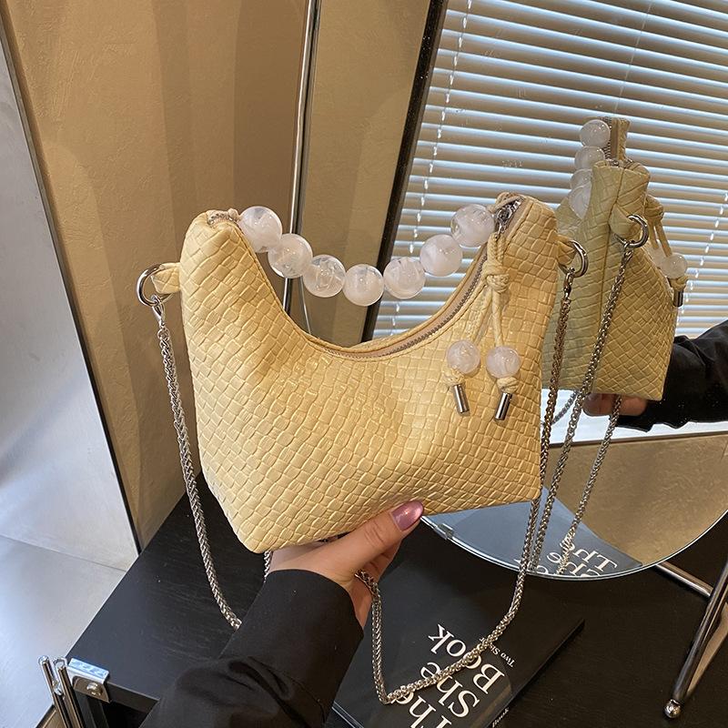 

Foreign style small bag women 2025 new Korean version of fashion niche shoulder bag beaded portable messenger chain dumpling bag синій