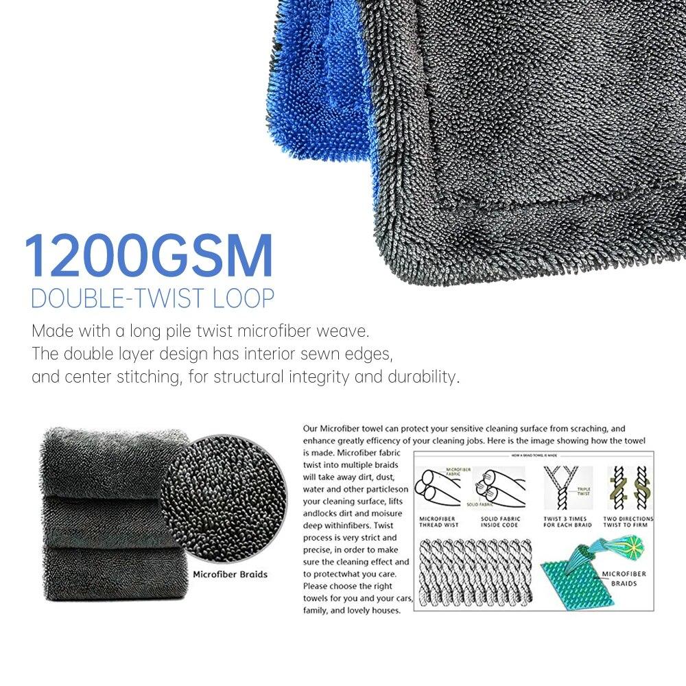 Детализация King 1200GSM микрофибра автомобильное сушильное полотенце с двойной скруткой — фото 3