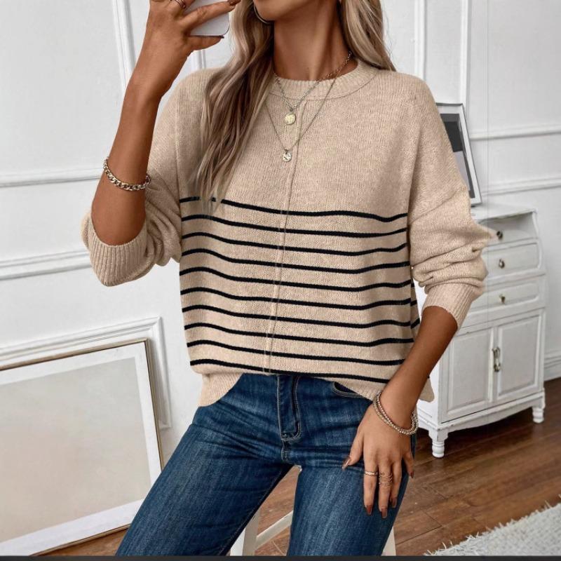 Women S Loose Casual Knit Striped Round Neck Sweater