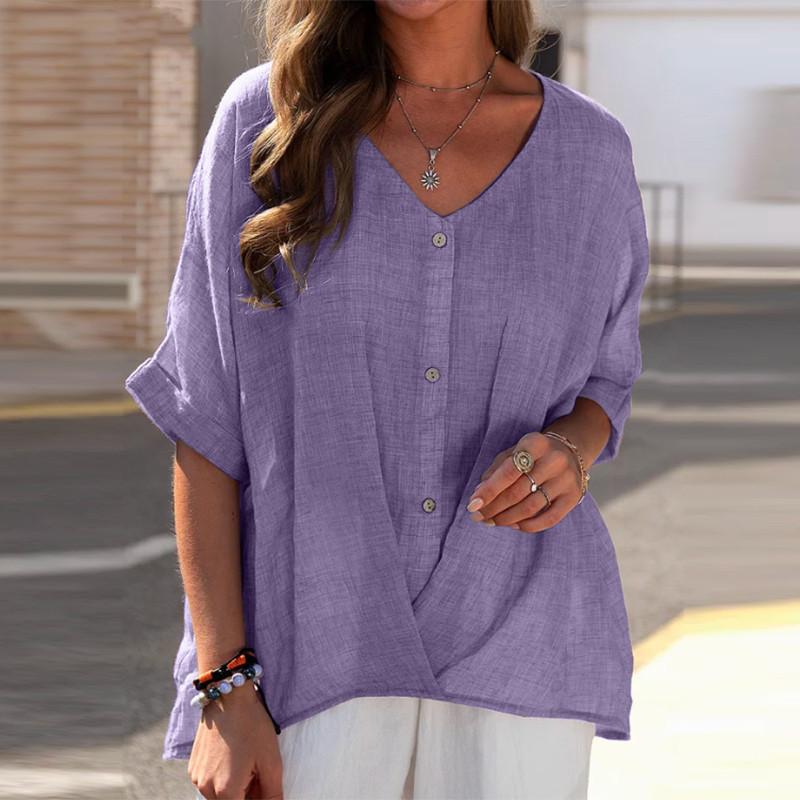Cotton Linen V Neck Pullover Shirt With Loose Fit For Casual Office Wear