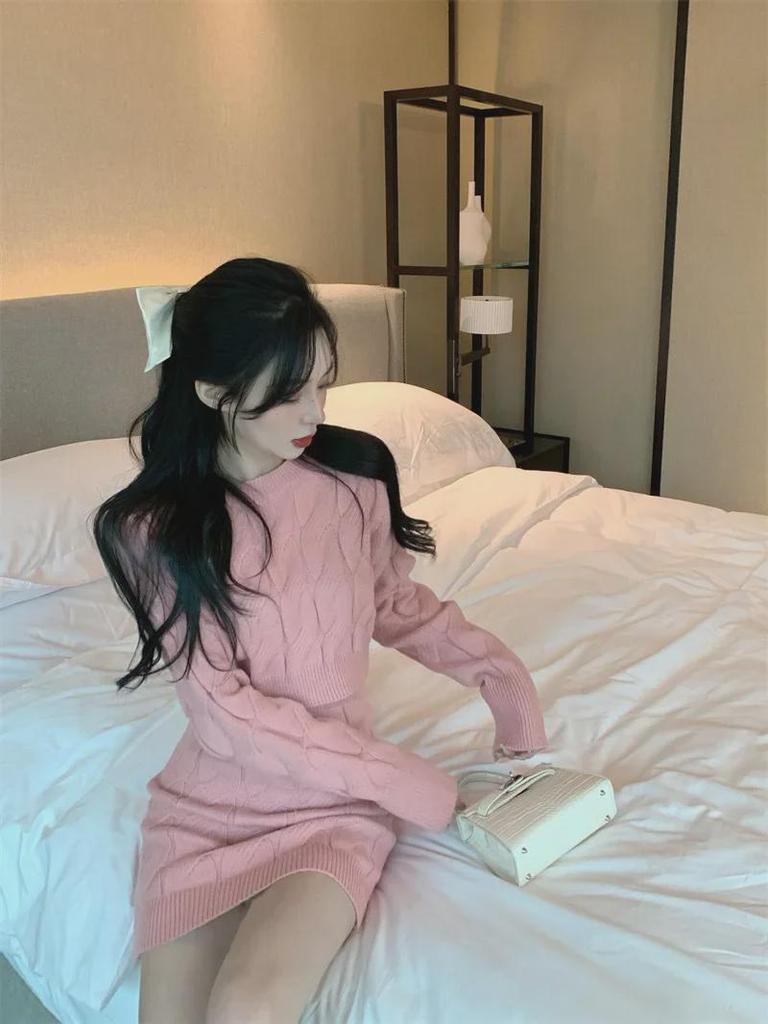 Women's Cable Knit Sweater & Skirt Set - Slim Fit Long Sleeve Top with High Waist Short Skirt