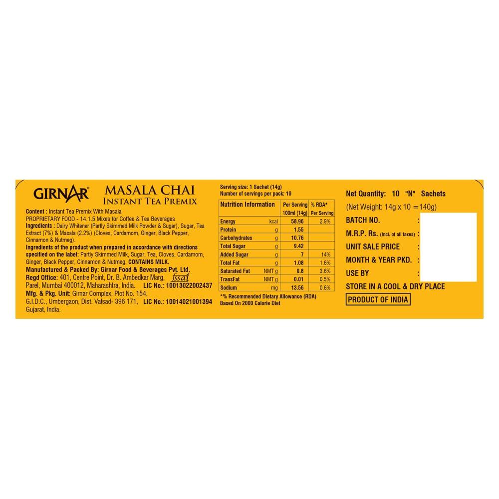 Girnar Instant Masala Tea Premix 10 Sachets – Authentic Spiced Assam Chai Powder, Vegan, Aromatic Travel-Friendly Indian Beverage