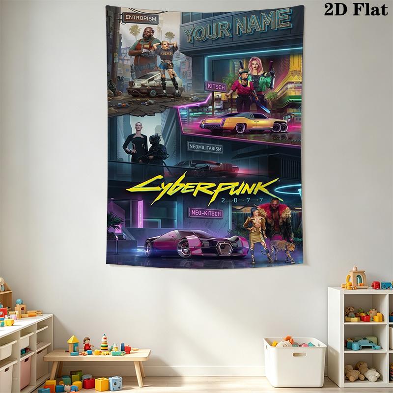 Name Custom Cyberpunk 2077 Wall Tapestry Aesthetic Wall Hanging Printed Fabric Blanket Decorative Tapestries for Bedroom Living Room Home Decor
