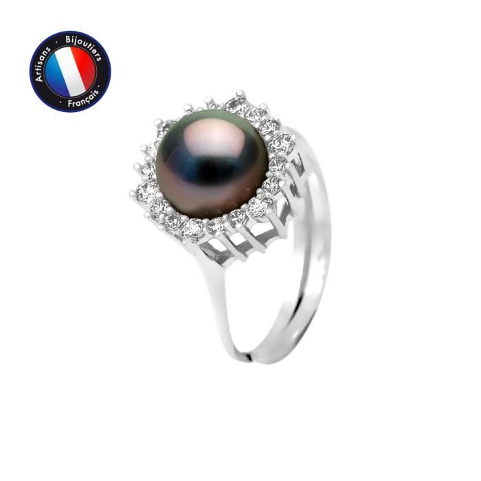 

PERLINEA - Bague Véritable Perle de Culture de Tahiti Ronde 8-9 mm - Oxydes de Zirconium - Argent 925 Millièmes - Bijou Femme 54 чорний