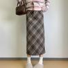 Roter Retro-Woll-Karo-Rock mit Schlitz - Herbst/Winter Beflockter, formender Hüftwickelrock